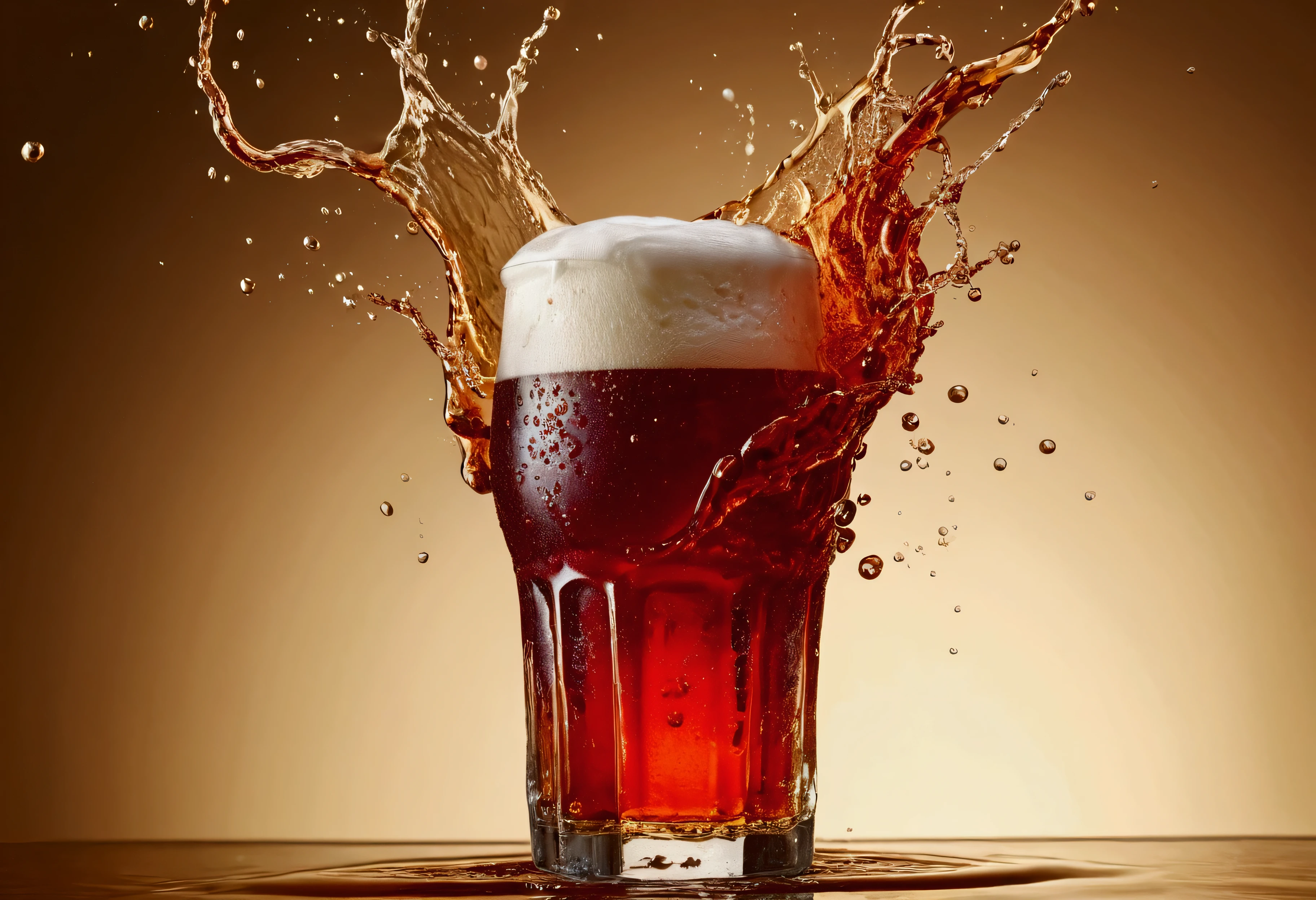 a picture of a red beer, beer splashing in the elegant cream color background like in a commercial, everything in focus
