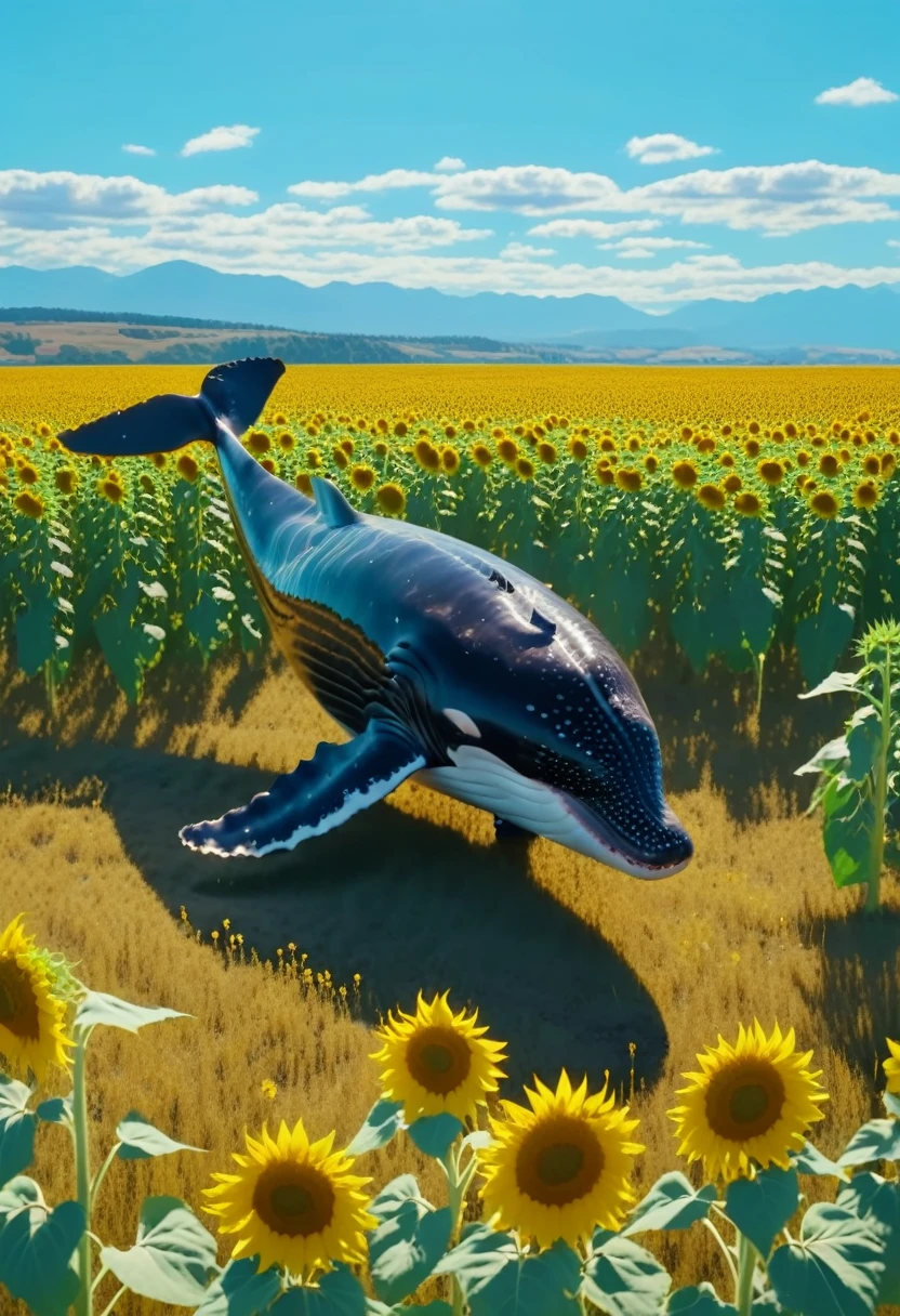 ((Masterpiece)), ((Best Quality)), (Very Detailed), ((Very Detailed)), 4K, (8K), very aesthetic, absurdres highres, A huge whale swims gracefully in the clear blue sky, drifting over a field of golden sunflowers. The summer sun softly illuminates the scene, and the mountains in the distance stretch out in the background. Light reflects off the whale's smooth skin, and the fine petals of the sunflowers sway in the wind. Fluffy white clouds float in the sky, creating an overall atmosphere of grandeur and peace.