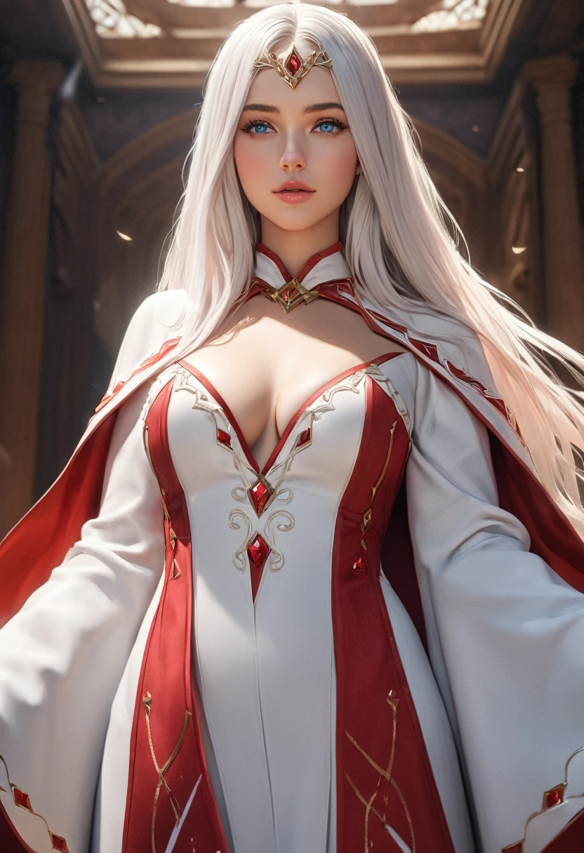 (best quality,4k,8k,highres,masterpiece:1.2), ultra-detailed, (realistic,photorealistic,photo-realistic:1.37),((Highly detailed CG Unity 8k wallpaper)), masterpiece, Super detailed, floating, High resolution, Sexually suggestive, (small, Extremely long white hair, Princess, White Mage, blue eyes, (It has long, wide sleeves and intricate embroidery. A gorgeous layered long dress in white and red with a sheer look), Bridal Veil, Circlet, Bridal Gauntlet, Blushing, shy, arched back, Frilled petticoat, Glamorous corset,