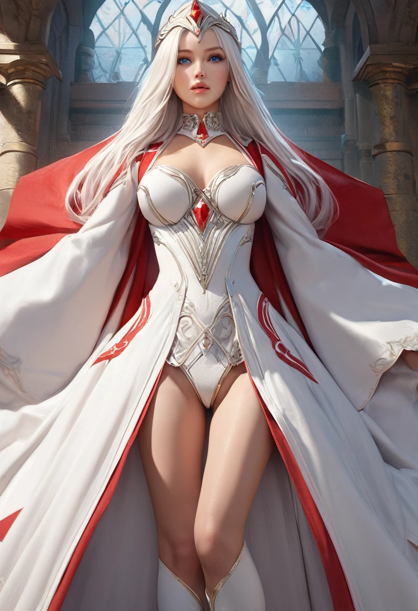 (best quality,4k,8k,highres,masterpiece:1.2), ultra-detailed, (realistic,photorealistic,photo-realistic:1.37),((Highly detailed CG Unity 8k wallpaper)), masterpiece, Super detailed, floating, High resolution, Sexually suggestive, (small, Extremely long white hair, Princess, White Mage, blue eyes, (It has long, wide sleeves and intricate embroidery. A gorgeous layered long dress in white and red with a sheer look), Bridal Veil, Circlet, Bridal Gauntlet, Blushing, shy, arched back, Frilled petticoat, Glamorous corset,