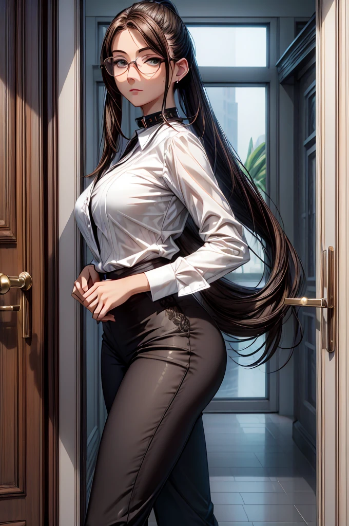 (masterpiece, best quality:1.2), detailed face, detailed eyes, elegant woman, long hair, high heeled, shiny skin, welcomes you at the door, dress shirt, pants, random collar, ponytail hair, cool attitude, cool glasses, exciting, cool, (perfect hands:1)