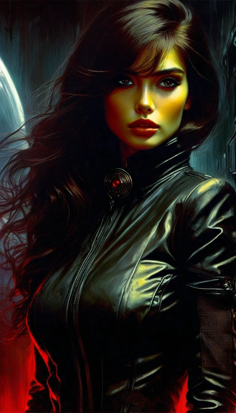 communist sexy girl in a futuristic landscape.1.5, looking at viewer, red eyes, long hair, black gloves, long sleeves, long hair, steampunk、Short hair , very detailed oil painting, chiaroscuro, sensual, dramatic lighting, moody atmosphere, photorealistic, intricate details, masterpiece, ultra-detailed, high quality, 8k, best quality, realistic, cinematic, dark and brooding, expressionistic, powerful composition, emotional impact, Bill Sienkiewicz inspired art
