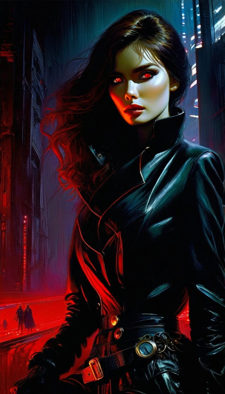 A woman symbolizing dark and fatigue, psychology, fatigue, manipulation, dark, red, and dark Neon.