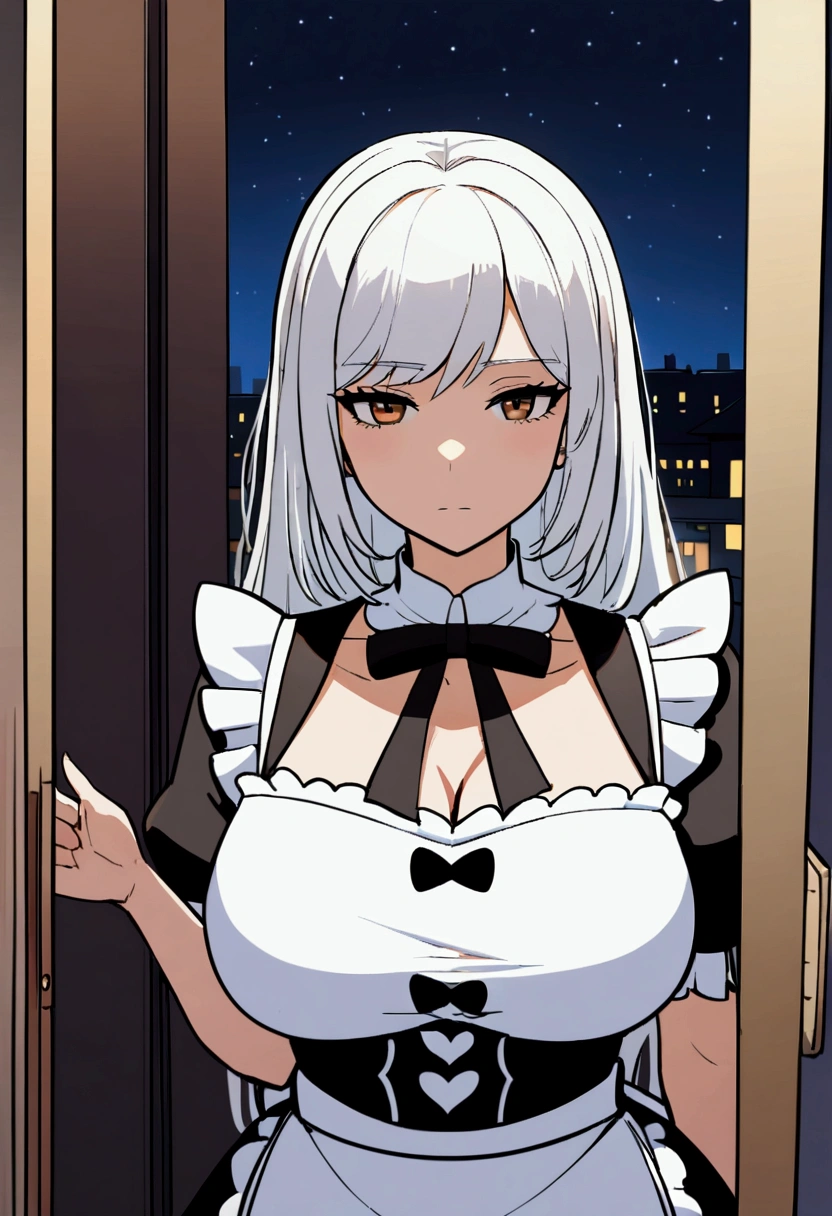 1girl with long white hair, brown eyes, maid uniform, big breasts, rich living room, calm face, stoic face, night time, stand in door
