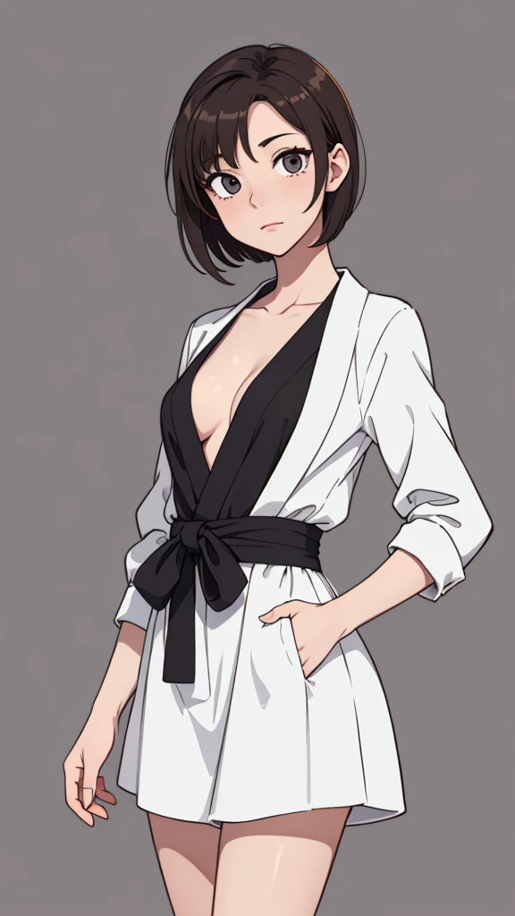 (((masterpiece, best quality, ultra highres, 1 girl, solo, no background))), super detailed skin and face and eyes and finger, beautiful japanese woman, small breasts:1.5, skinny, light brown hair, white background, very short pixie hair, Knee shot, Generate with illustrations, Various expressions, Various poses, Please draw the entire character within the frame, ensuring that the head, arms, and legs are not cut off. The background should be simple, with the character positioned centrally, outline, anime, 2d, boyish,