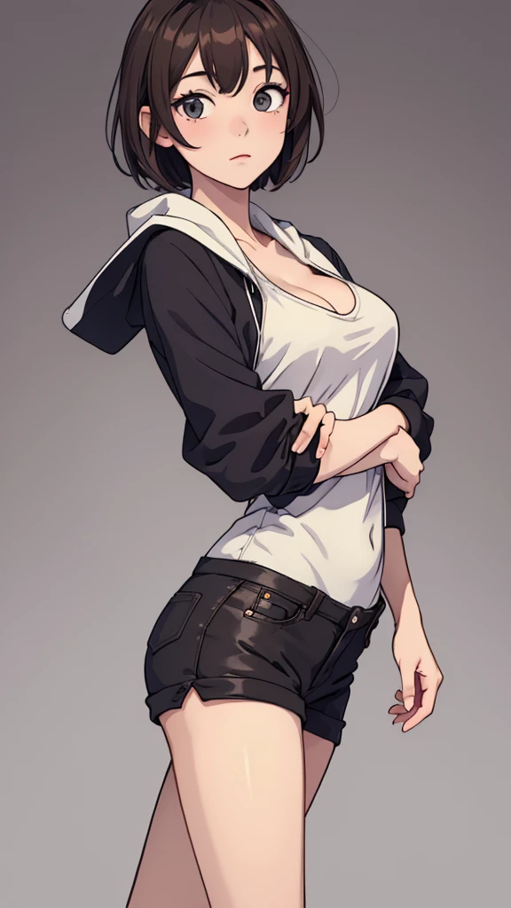 (((masterpiece, best quality, ultra highres, 1 girl, solo, no background))), super detailed skin and face and eyes and finger, beautiful japanese woman, small breasts:1.5, skinny, light brown hair, white background, very short pixie hair, Knee shot, Generate with illustrations, Various expressions, Various poses, Please draw the entire character within the frame, ensuring that the head, arms, and legs are not cut off. The background should be simple, with the character positioned centrally, outline, anime, 2d, boyish,