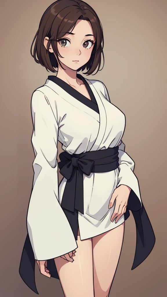 (((masterpiece, best quality, ultra highres, 1 girl, solo, no background))), super detailed skin and face and eyes and finger, beautiful japanese woman, small breasts:1.5, skinny, light brown hair, white background, very short pixie hair, (an illustration of girl), Knee shot, Generate with illustrations, Various expressions, Various poses, Various Costumes, Please draw the entire character within the frame, ensuring that the head, arms, and legs are not cut off. The background should be simple, with the character positioned centrally,