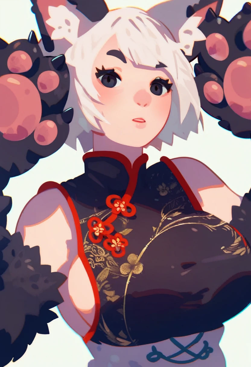 score_9, score_8_up, score_7_up, source_anime, rating_questionable, kurzg3sagt renxion, chinese clothes, animal ears, monster girl, animal hands, large breasts, black eyes, fur, white hair, short hair, upper body,
