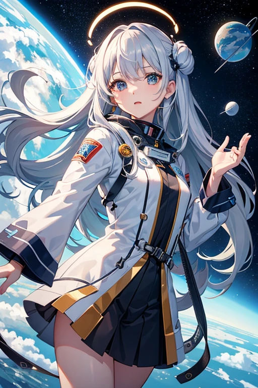 masterpiece, Highest quality, High resolution，Follow the on-screen instructions、Anime Style、Follow the prompts、One Girl、Long silver hair、、universe space、Confused、Spacewalk、Reaching out to the earth、Adrift in Space