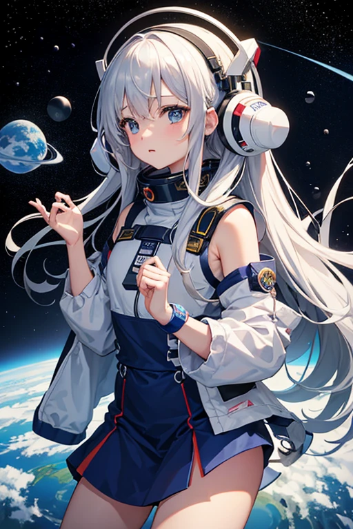 masterpiece, Highest quality, High resolution，Follow the on-screen instructions、Anime Style、Follow the prompts、One Girl、Long silver hair、、universe space、Confused、Spacewalk、Reaching out to the earth、Adrift in Space