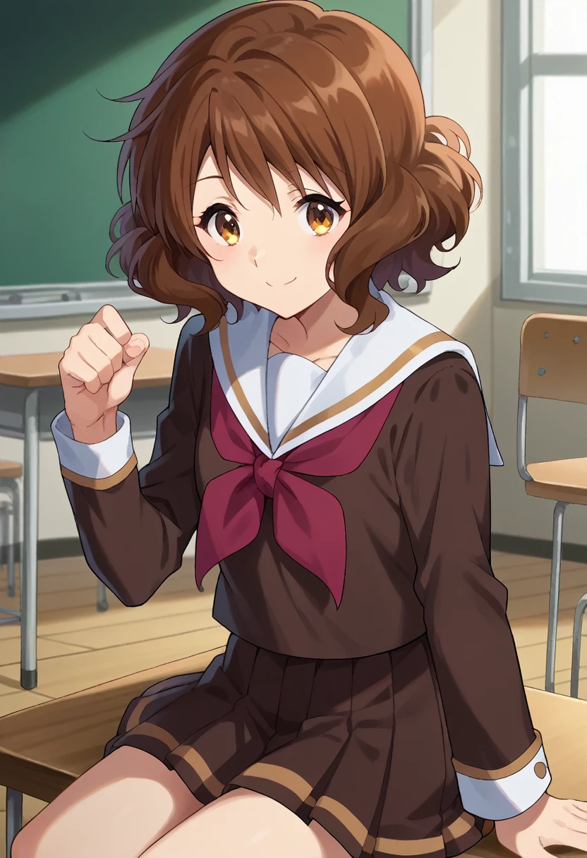 score_9, score_8_superior, score_7_superior, sauce_anime,
In the middle of nowhere, kumiko oumae, Brown eyes, Brown Hair, short hair, Wavy Hair, smile,
skirt, shirt, Long sleeve, , pleated skirt, Seraphim, neckerchief, brown skirt, White sailor collar, brown shirt, Kitauji High , red neckerchief,
indoor, classroom, corridor, Sitting, Chair, machine,
View your viewers, Cowboy Shot, Dutch Angle, Dynamic pose, (Perfect hands, Perfect Anatomy),