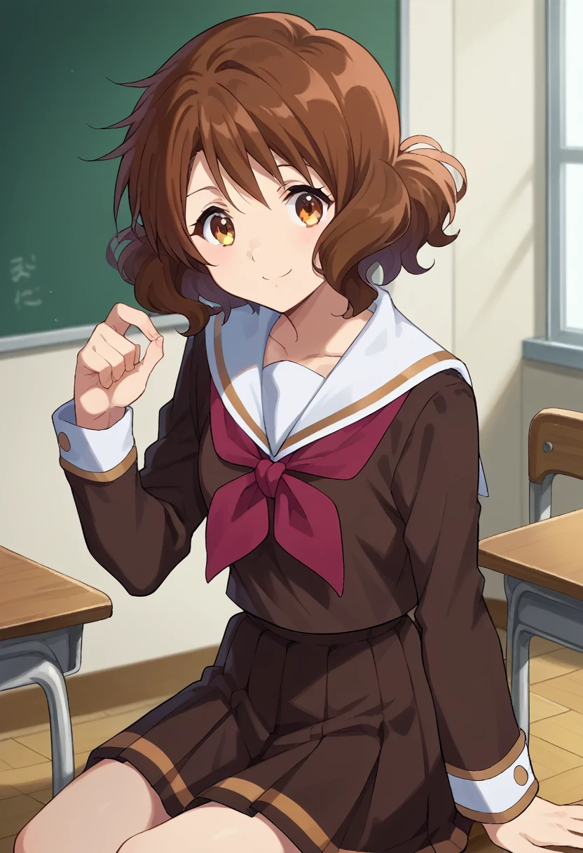 score_9, score_8_superior, score_7_superior, sauce_anime,
In the middle of nowhere, kumiko oumae, Brown eyes, Brown Hair, short hair, Wavy Hair, smile,
skirt, shirt, Long sleeve, , pleated skirt, Seraphim, neckerchief, brown skirt, White sailor collar, brown shirt, Kitauji High , red neckerchief,
indoor, classroom, corridor, Sitting, Chair, machine,
View your viewers, Cowboy Shot, Dutch Angle, Dynamic pose, (Perfect hands, Perfect Anatomy),