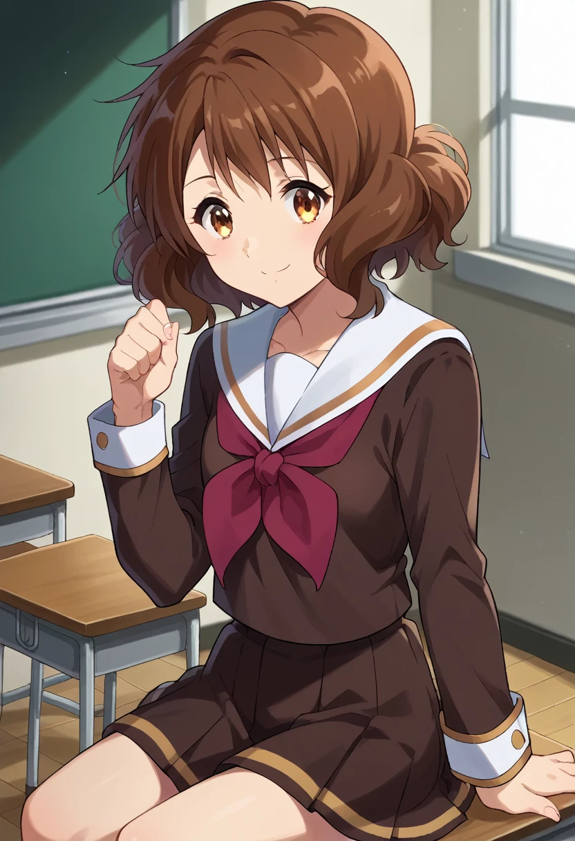 score_9, score_8_superior, score_7_superior, sauce_anime,
In the middle of nowhere, kumiko oumae, Brown eyes, Brown Hair, short hair, Wavy Hair, smile,
skirt, shirt, Long sleeve, , pleated skirt, Seraphim, neckerchief, brown skirt, White sailor collar, brown shirt, Kitauji High , red neckerchief,
indoor, classroom, corridor, Sitting, Chair, machine,
View your viewers, Cowboy Shot, Dutch Angle, Dynamic pose, (Perfect hands, Perfect Anatomy),
