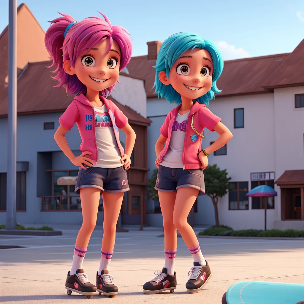 1 skater girl, with colored hair and very smiling