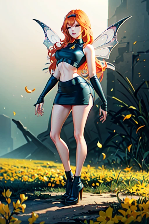 (ultra realistic,32 mil, work of art:1.2),(highly detailed skin:1.1),( high qualiy:1.1),
dark flower,evil, hair orange, yellow  eyes, booties, Black Skirt, mitts, black jersey, wings, Glossy clothing, thicc thighs, field of flowers, flowers,sunshine light, pollen, pollen particles, nblurry background,, (Huge breasted,large breasted:1.1),(looking ahead at viewer, standing:1.1),(volumetric lighting:1.1),