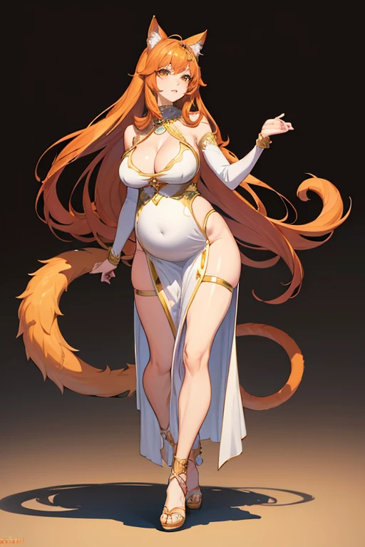 8k, masterpiece, very realistic, Full body sketch line of y pregnant cat woman, anime style, clean sketch line, standing, faraon cat girl, Cleopatra, Egyptian style, tail, cat ears, very slim waist, very tall, white ancient clothing design, dark orange hair, dynamic pose, pregnant, cle