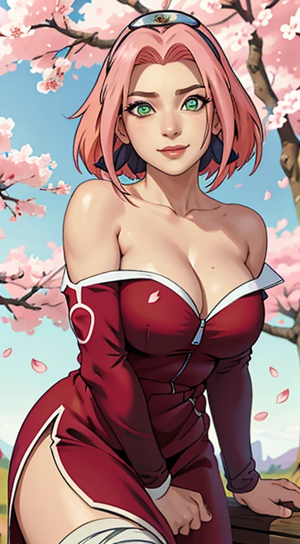 tmasterpiece， Best quality at best， 1girll， Sakura Haruno， Large ，Off-the-shoulder attire，（cleavage)，（upperbody closeup)，Raised sexy，is shy，ssmile，with pink hair， long whitr hair， （Green eyeballs:1.4)， Forehead protection， the cherry trees，Cherry blossoms flying，Red clothes，Zipper half