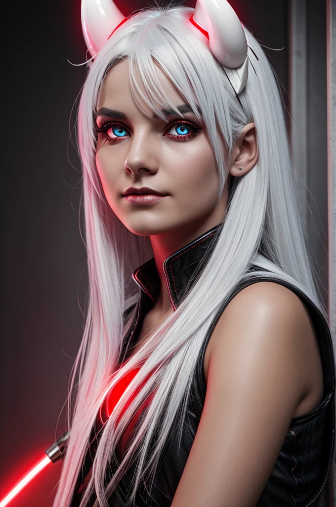 Q girl with white hair and small horns with red glowing eyes 