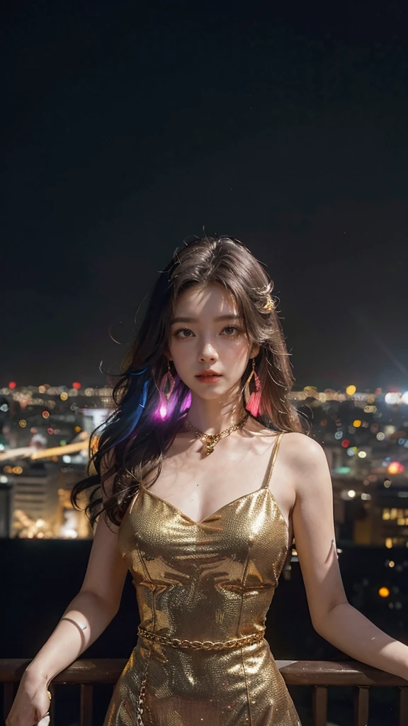 Gold handcuffs on the chain, around the neck,Dense city background with (many colorful Lights:1.2), from Skyscraper, { Volumetric lighting | 8K-resolution | bokeH | Professional camera work with Hasselblad | (Glow light effect) | Trajectories } .