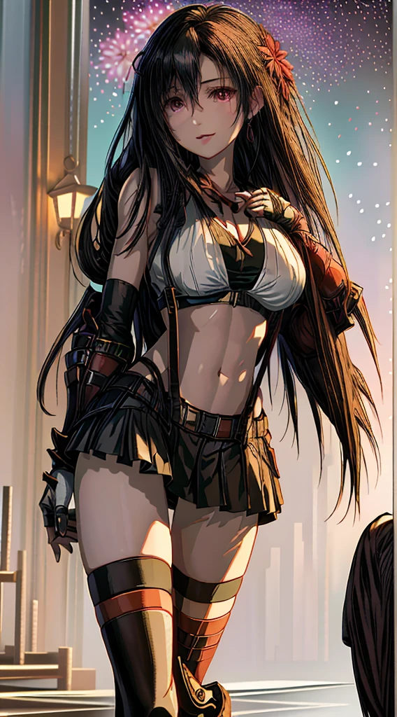 (8ｋ、highest quality、MASTERPIECE:1.2)、(photorealistic:1.3 of 7)、Super Detailed、girl 1 person、mature、solo、(Tifa Lockheart)、(big chest)、(((huge lift clothes to show bra)))、(((black bra)))、(beautiful eyes)、(smiling:1.2)、(Closed)、erotic pose、dance、neons、street scenery、Depth Of Field、Dark and strong shadows、Sharp focus、auto、motion blur、bike、Depth Of Field、composition、Glowing green light、Final Fantasy VII, (nose blush）、Single Elbow Pad、Ankle Boots、dark black hair、toned thighs、red boots、Elbow Gloves、Elbow pads、Fingerless Gloves、Taut Shirt、sports bra、（suspenders), (Black Skirt)、thights、white tank top、All over body、head rest、Lips、Facial、Low Tai Long Hair、(red_Ojo)、Yellow flowers、(night:1.3)、Complex、Bokeh、Cinematic Lighting、Photon mapping、Radiosity、physically based rendering、(Tetsuya Nomura Style)、NSFW、Perfect Breasts