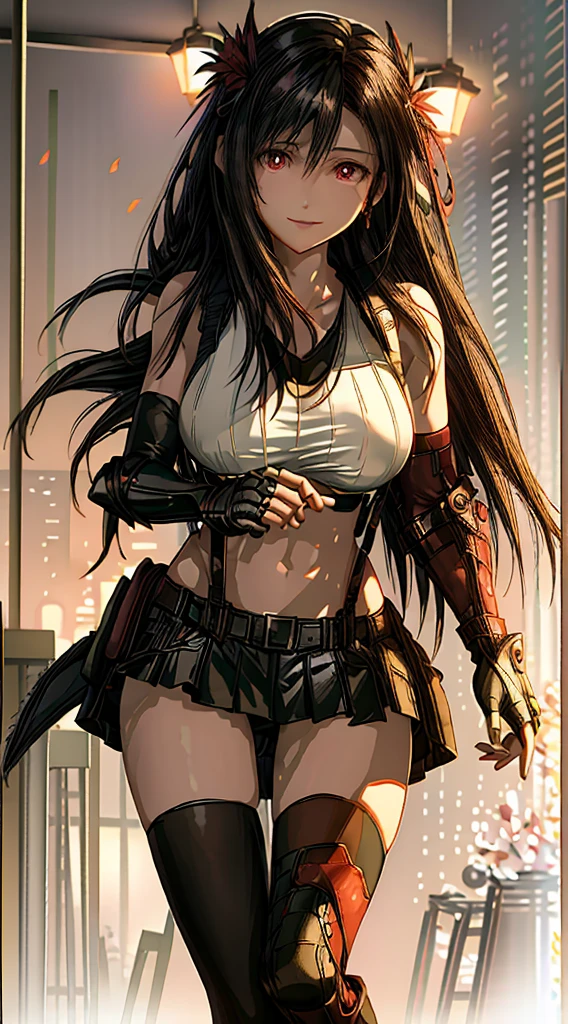 (8k、highest quality、MASTERPIECE:1.2)、(photorealistic:1.3 of 7)、Super Detailed、girl 1 person、mature、solo、(Tifa Lockheart)、(big chest)、(((huge lift clothes to show bra)))、(((black bra)))、(beautiful eyes)、(smiling:1.2)、(Closed)、erotic pose、dance、neons、street scenery、Depth Of Field、Dark and strong shadows、Sharp focus、auto、motion blur、bike、Depth Of Field、composition、Glowing green light、Final Fantasy VII, (nose blush)、Single Elbow Pad、Ankle Boots、dark black hair、toned thighs、red boots、Elbow Gloves、Elbow pads、Fingerless Gloves、Taut Shirt、sports bra、(suspenders), (Black Skirt)、thights、white tank top、All over body、head rest、Lips、Facial、Low Tai Long Hair、(red_Ojo)、Yellow flowers、(night:1.3)、Complex、Bokeh、Cinematic Lighting、Photon mapping、Radiosity、physically based rendering、(Tetsuya Nomura Style)、NSFW、Perfect Breasts