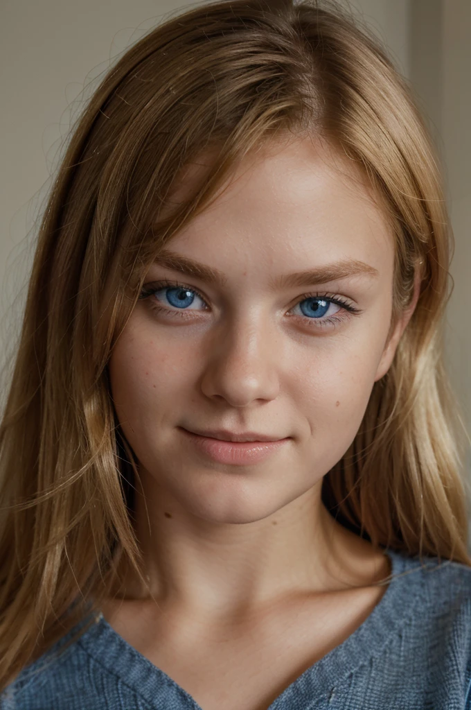 realistic portrait of a young blonde student with blue eyes in high resolution and a mischievous look