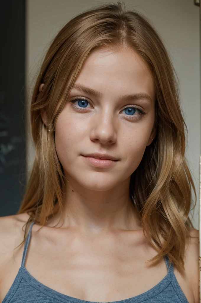realistic portrait of a young blonde student with blue eyes in high resolution and a mischievous look