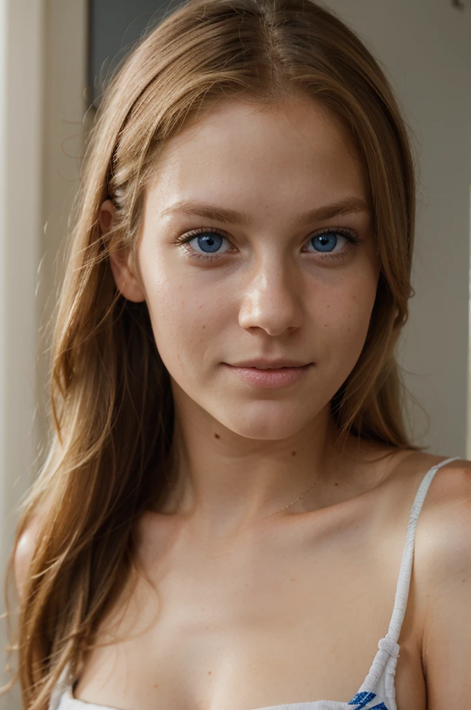 Imagen muy detallada. portrait of a 28 year old woman, mirando a un lado, feliz, Long brown hair, Brillantes ojos azules, mano en su cabello.