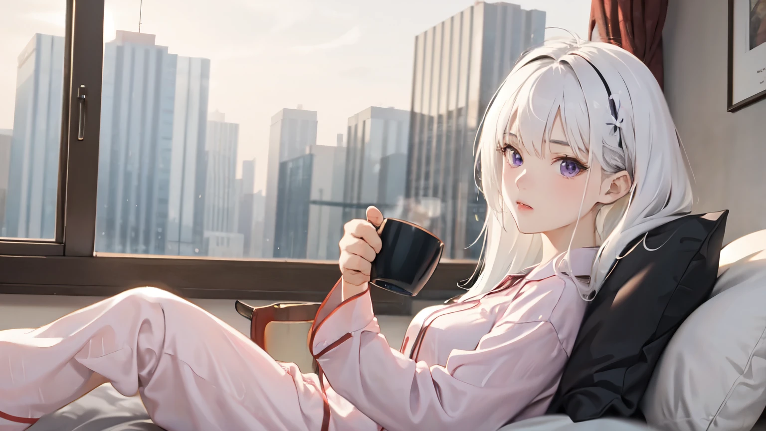 A beautiful girl with white hair and purple eyes, wearing pajamas in the early morning, drinking coffee from a mug and listening to jazz, inspired by the anime style of Genshin Impact.