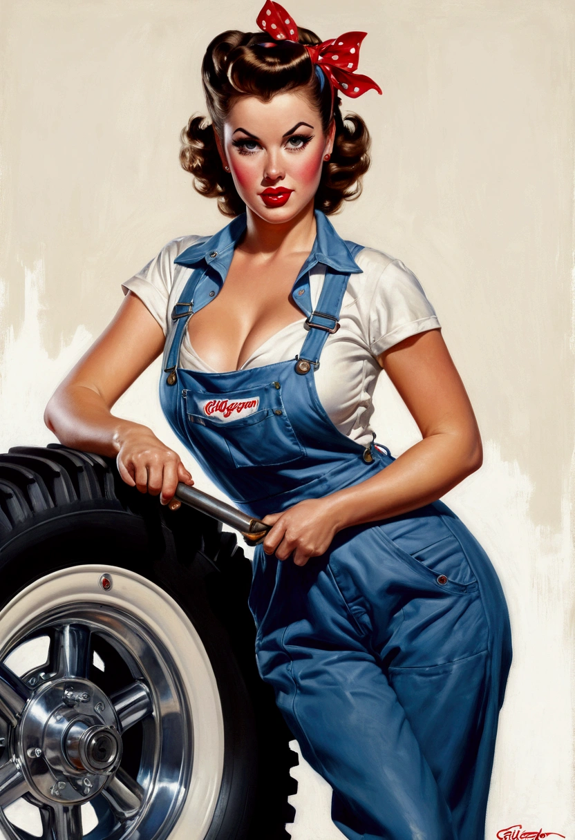 Lucy Liu, gorgeous mechanic, blank background, blue coverall, cleavage, no shirt, sfw