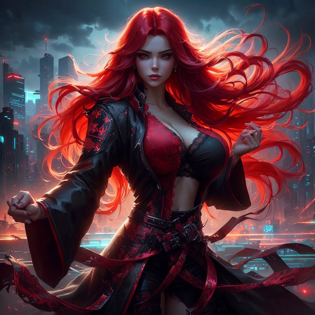 a woman with red hair and a black outfit is standing in front of a city, seductive cyberpunk dark fantasy, stylized urban fantasy artwork, dark fantasy style art, cyberpunk dark fantasy art, alena aenami and artgerm, epic fantasy art style, epic fantasy digital art style, epic fantasy art style hd, 4k fantasy art, epic fantasy style art, large breasts, lace bra
