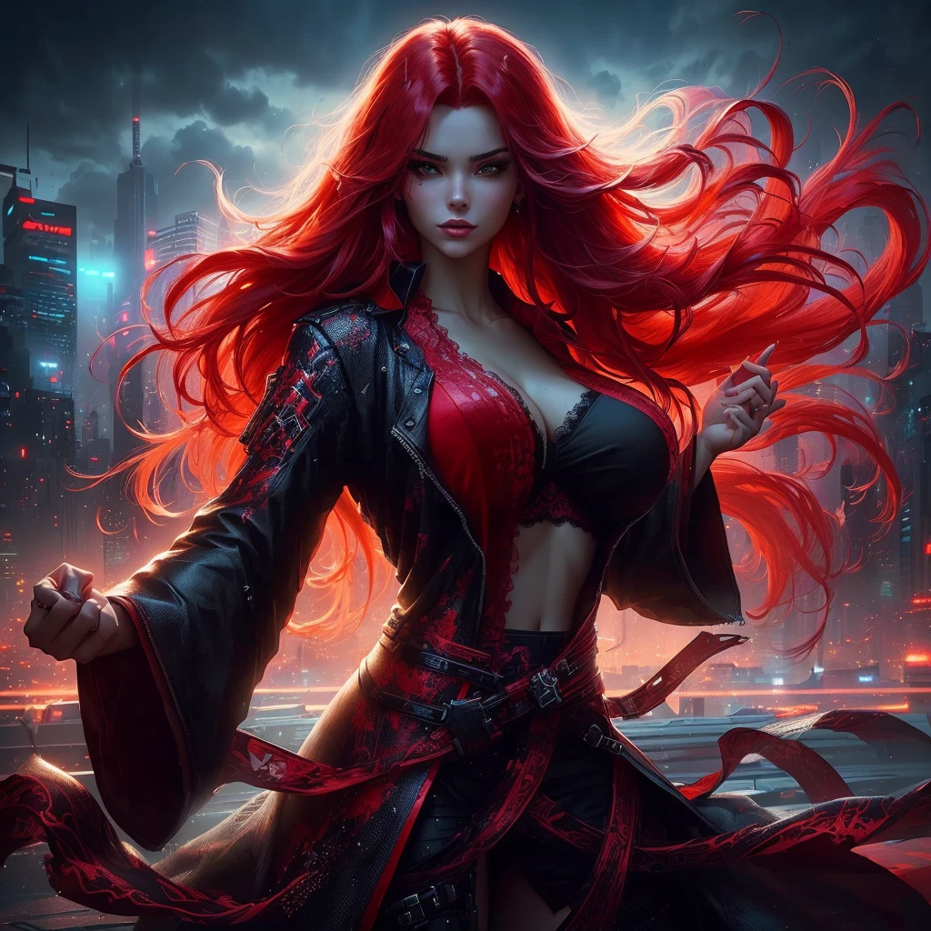 a woman with red hair and a black outfit is standing in front of a city, seductive cyberpunk dark fantasy, stylized urban fantasy artwork, dark fantasy style art, cyberpunk dark fantasy art, alena aenami and artgerm, epic fantasy art style, epic fantasy digital art style, epic fantasy art style hd, 4k fantasy art, epic fantasy style art, large breasts, lace bra