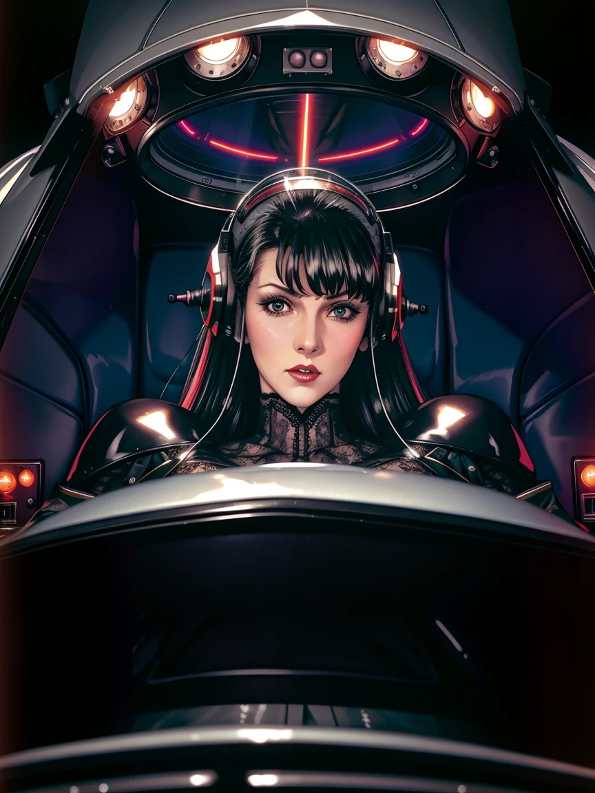 ((gothic vampire piloting in gothic spacecraft)), (((retro anime))), ((from below)), ((120 fov)), ((((gothic)) control panels)), (((mature))), (((gothic))), iridescent bodysuit, (((lace accessories))), ((pilot seat)), ((((lying back)) pose)), (((elegant))), (((serious tone))), ((cockpit top control panel)), intricate control panel details, close-up, 1990s (style), masterpiece, ((claustrophobic)), best quality, screens, ((pilot helmet)), ((dark background)), (colorful cockpit lights), sparkles, (dramatic lighting), sweat, wet, [blushing], [[pointy ears]]