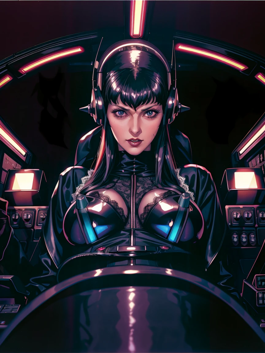 ((gothic vampire piloting in gothic spacecraft)), (((retro anime))), ((from below)), ((120 fov)), ((((gothic)) control panels)), (((mature))), (((gothic))), iridescent bodysuit, (((lace accessories))), ((pilot seat)), ((((lying back)) pose)), (((elegant))), (((serious tone))), ((cockpit top control panel)), intricate control panel details, close-up, 1990s (style), masterpiece, ((claustrophobic)), best quality, screens, ((pilot helmet)), ((dark background)), (colorful cockpit lights), sparkles, (dramatic lighting), sweat, wet, [blushing], [[pointy ears]]