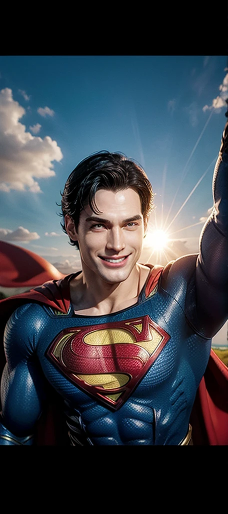 Superman, flying smiling
