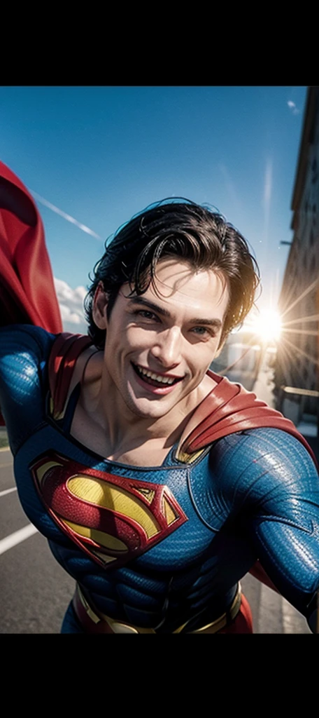 Superman, flying smiling