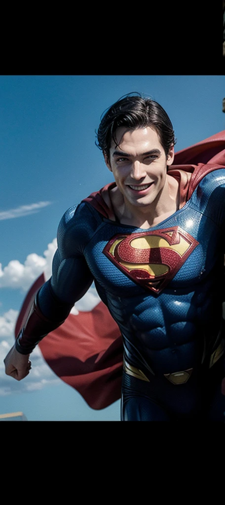 Superman, flying smiling 