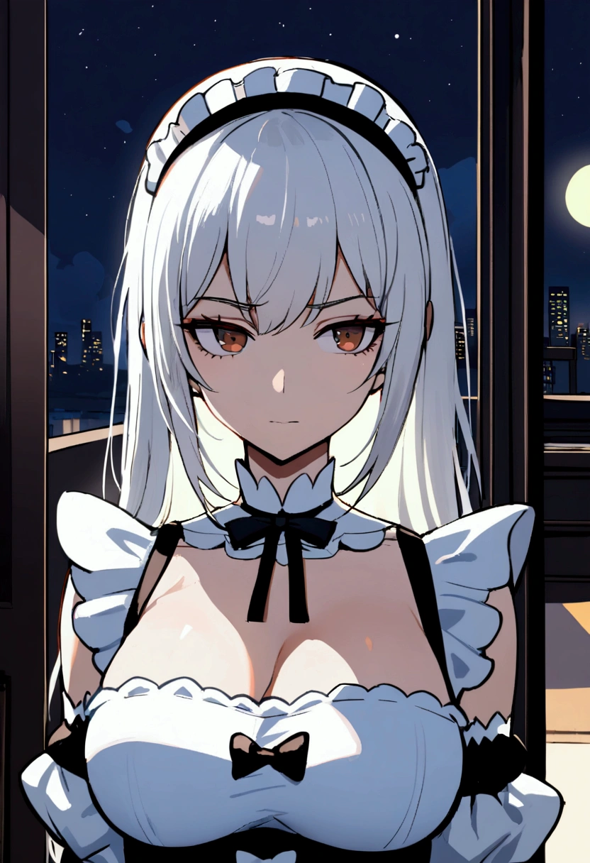 1girl with long white hair, brown eyes, maid uniform, big breasts, rich living room, calm face, stoic face, night time, stand in dark door