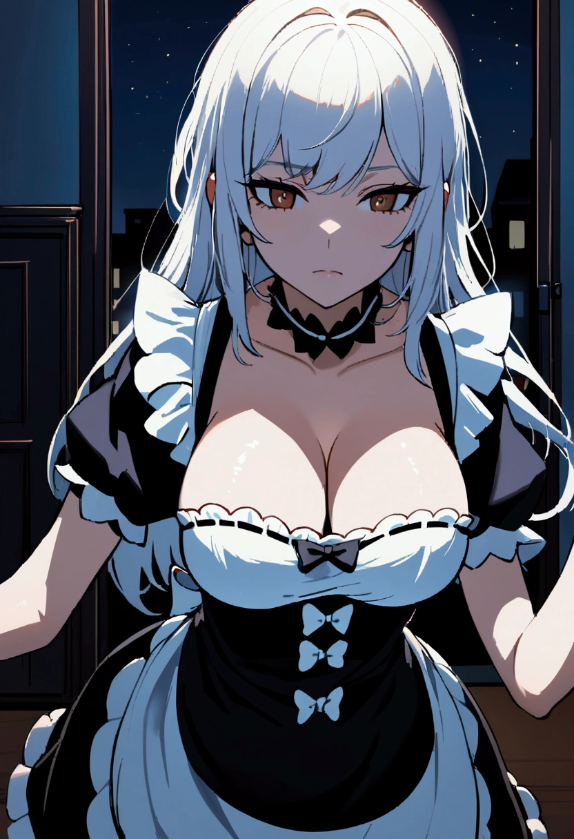 1girl with long white hair, brown eyes, maid uniform, big breasts, rich living room, calm face, stoic face, night time, stand in dark door