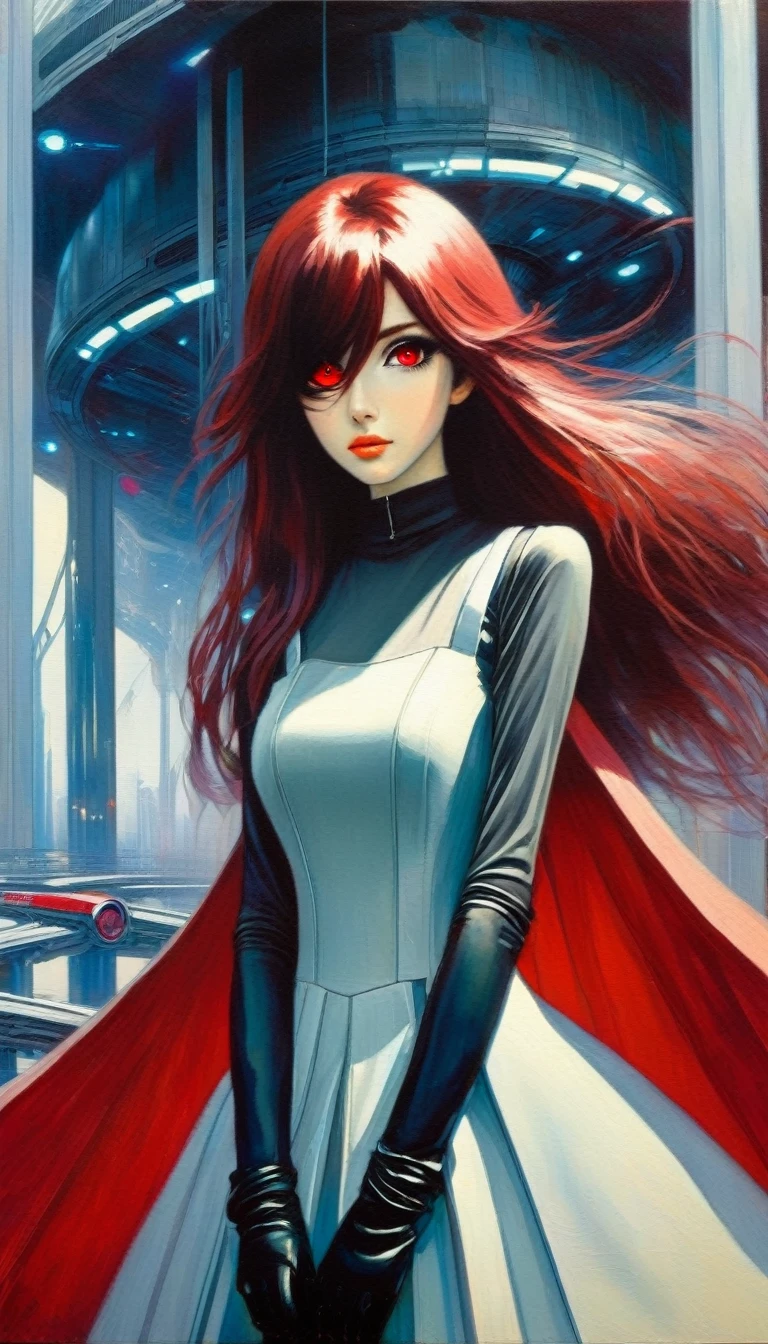 a woman dressed in anime style under a futuristic building, 1 girl, dress, alone, hair, gloves, two stories, futuristic landscape.1.5, looking at viewer, red eyes, long hair, (art inspired by Bill Sienkiewicz). oil painting)