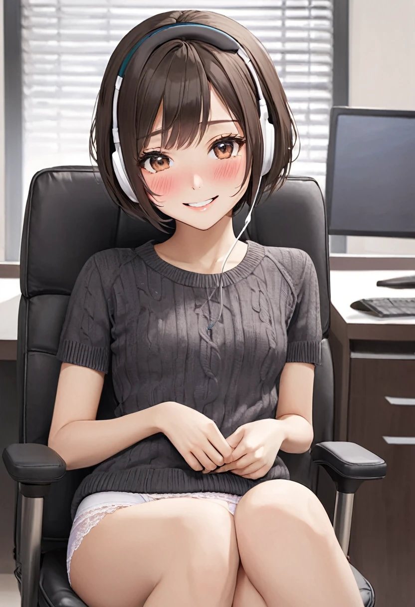 (1 girl:1.0),25 years old,beautiful girl,bob cut,office girl,sitting chair,(small breasts:1.2),(slim body shape:1.2),highest quality,High resolution(headset:1.3),(cowboyshot:1.0),fullbody,short sleeve knit sweater,smile,front face,(front view:1.0),looking at viewer,office,Talking,Chatting,(full-face blush:1.5),(smile:1.2),anguish,(presenting panties:1.5),white panties,2d seamless hand-painted texture,