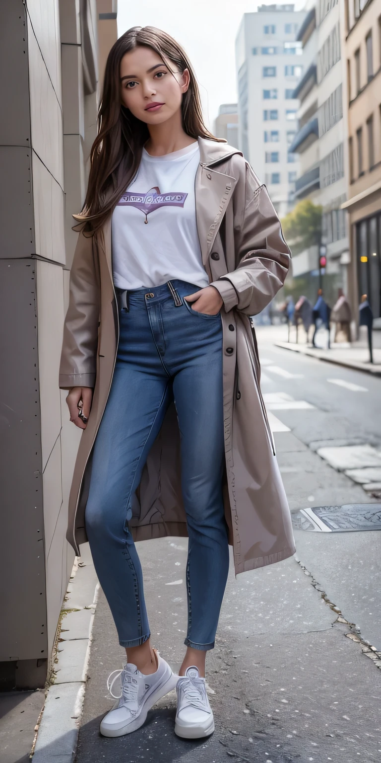 beautiful girl, brown hair ,purple eyes. white t-shirt, gray coat, Skinny jeans、sneakers、smile、detail face, detail eyes, expressive face, expressive eyes, pout mouth. highres,hyperdetailed body, hyperealistic, photorealistic, masterpiece 、The building entrance is in the background
