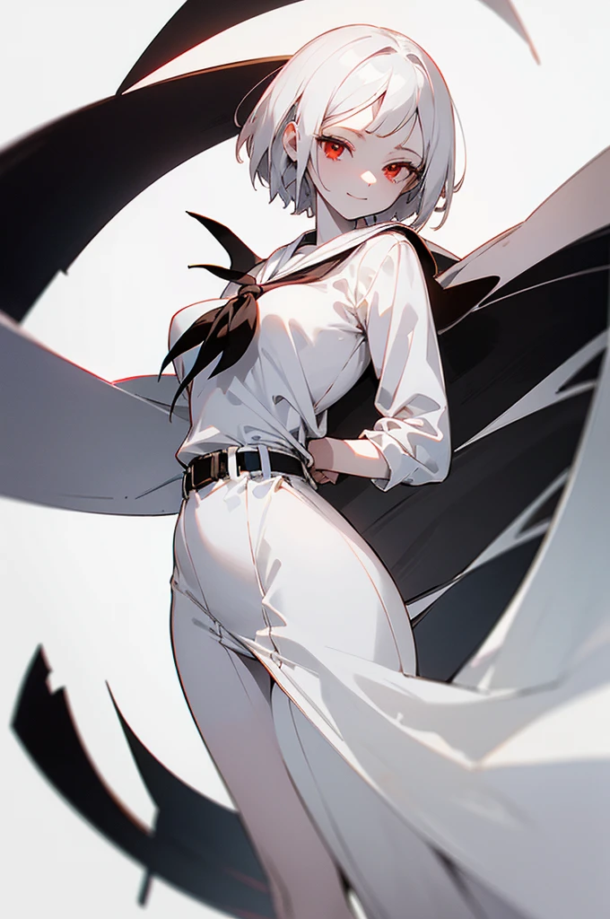 Full body, White One Piece Sailor Suit, Jet black head of hair,(masutepiece:1.2, Best Quality), (finely detailed beautiful eye: 1.2), (beautifull detailed face), High contrast, (Best Illumination, extremely delicate and beautiful), ((Cinematic Light)), Dramatic light, Intricate details,red eyes, Shining eyes, very Bigger breasts、Belt under the chest、White sailor suit, White skirt,pale gray hair, Black ribbon, (Pale white background:1.5), Short-cut hair, accurate hands, Look at me and smile, ruddy skin, hi-school girl,
