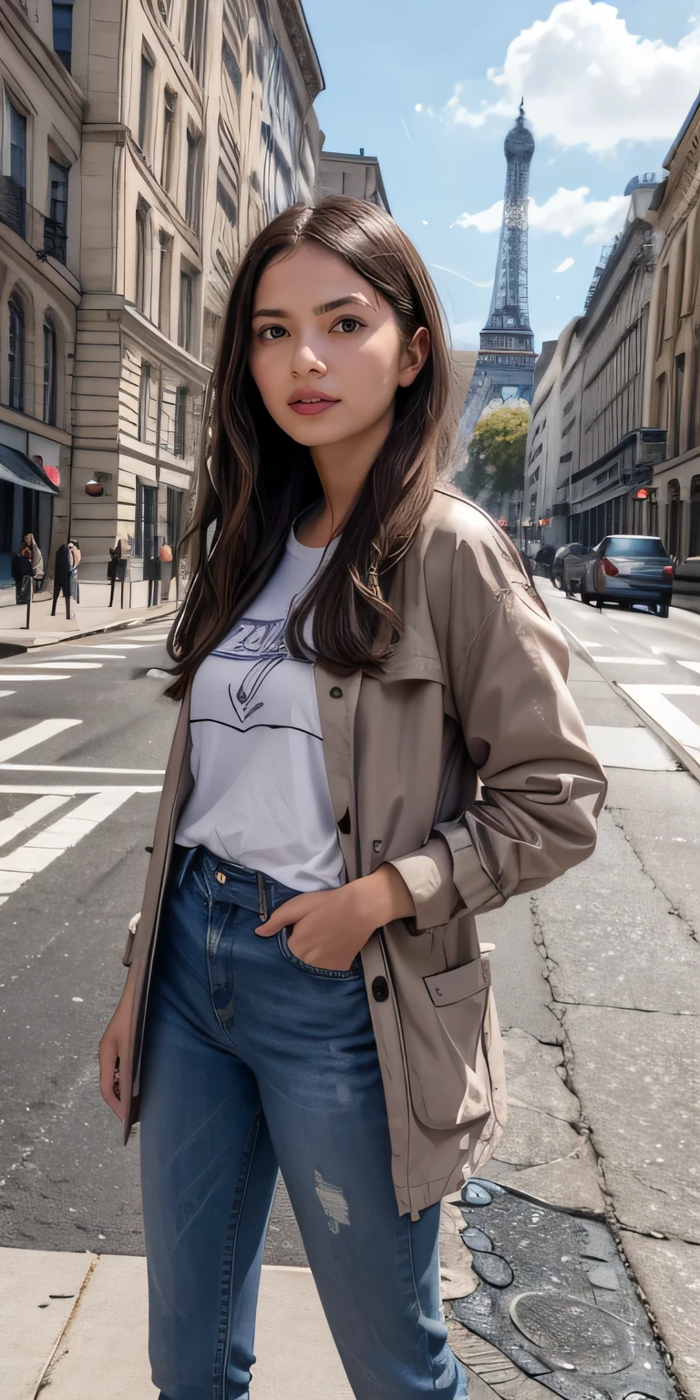 beautiful girl, brown hair ,purple eyes. white t-shirt, gray coat, Skinny jeans、sneakers、smile、detail face, detail eyes, expressive face, expressive eyes, pout mouth. highres,hyperdetailed body, hyperealistic, photorealistic, masterpiece 、The building entrance is in the background