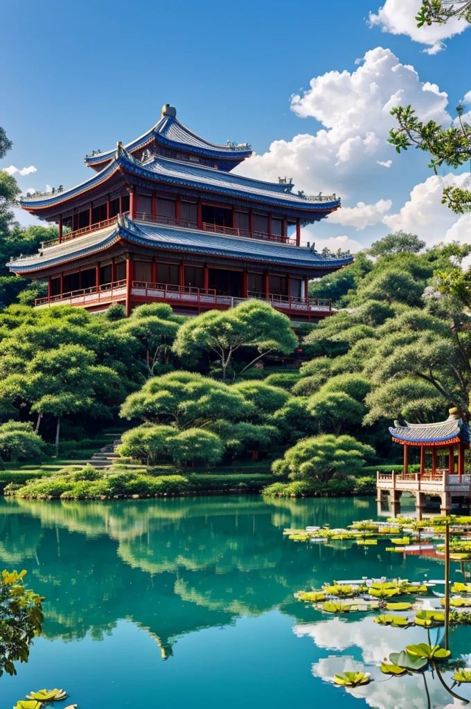Make me a crystal clear and blue lake under a blue sky full of white clouds, may this lake contain lotus flowers blooming in it of many colors and above it a house in ancient Chinese style with a pavilion and a bridge with a building style of ancient chinese