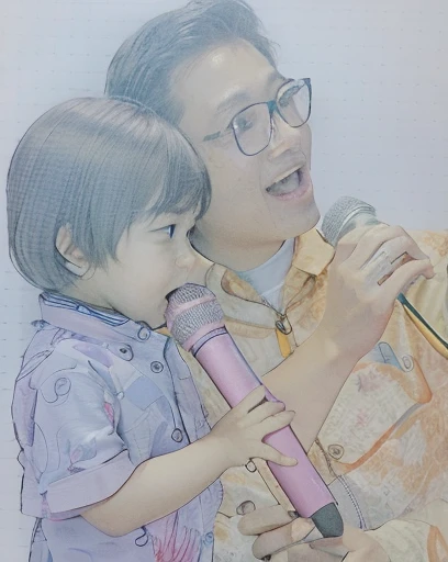 A man holding a microphone and an uncle singing with his grandson, By Oka Yasutomo, The kidsPictures of books, Katsuhiro and Inio Asano, Traditional Arts, By Yasutomo Oka, Written by Nobuzada Yanagawa, By Naka Bokunen, by Ayako Rokkaku, By Lee In-Moon, The kids\Pictures of books, Professional sketch realistic、Photographic generation