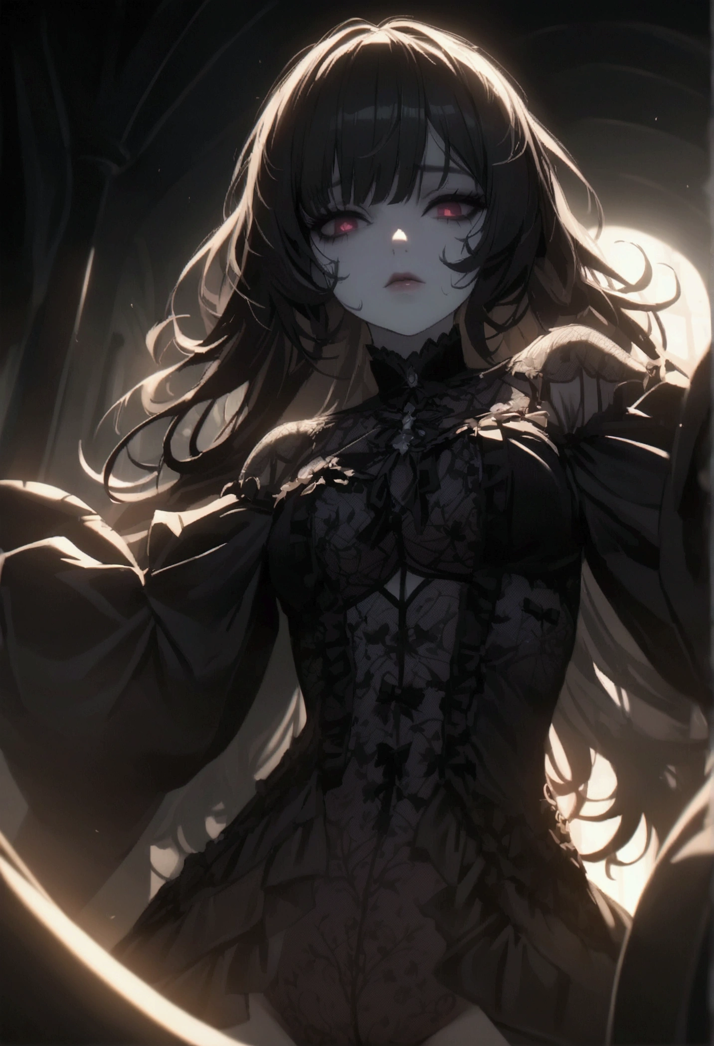 a gothic lolita girl, detailed facial features, intricate lace dress, pale skin, long dark hair, dramatic lighting, cinematic composition, highly detailed, 4k, dynamic bowed down pose, (naked body), sexy, vagina,