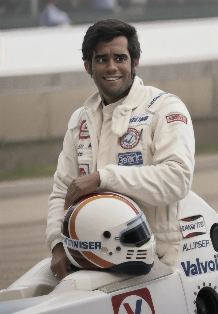 racing driver, white jumpsuit, white helmet, Grinning