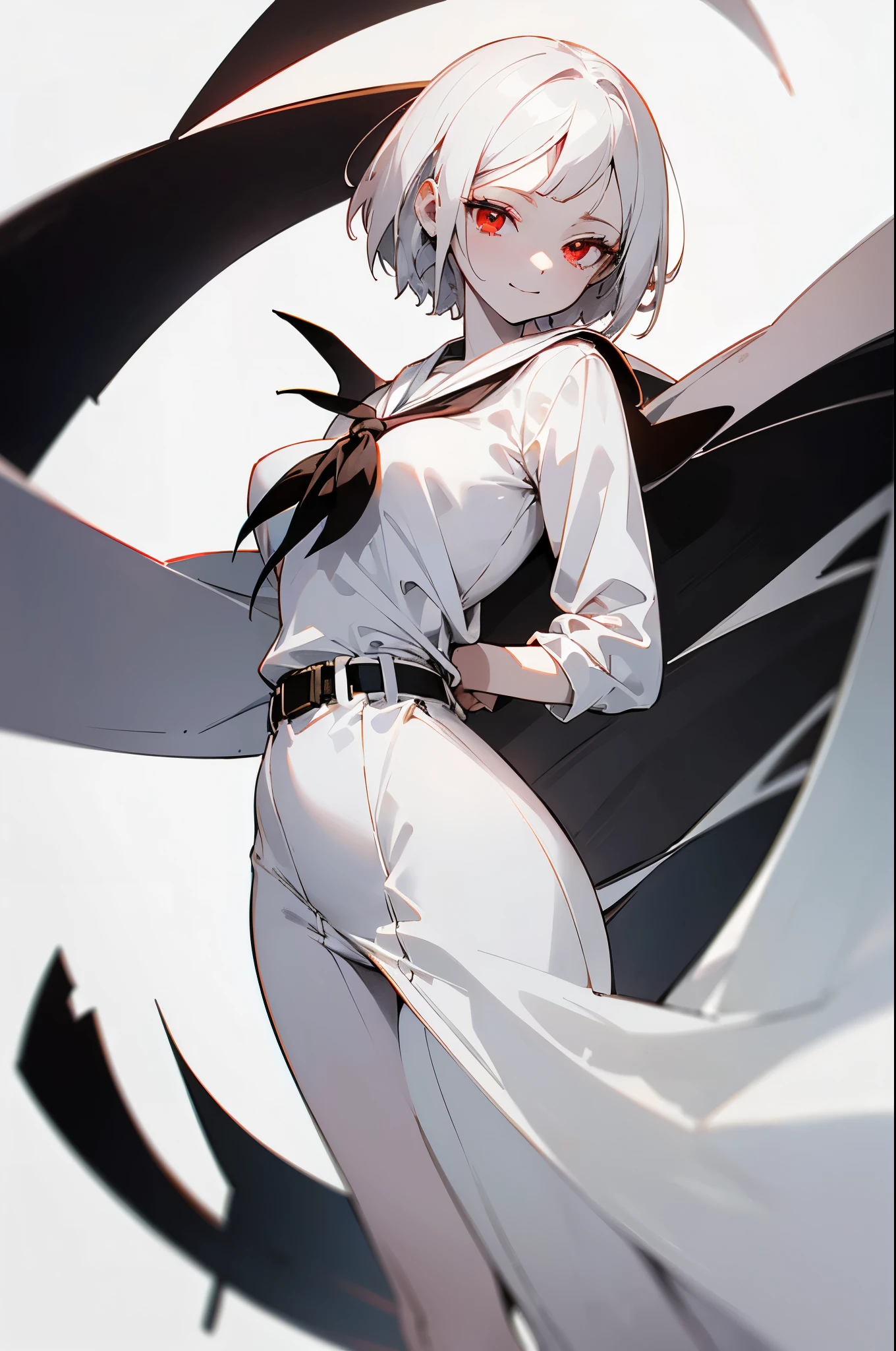 Full body, White One Piece Sailor Suit, Jet black head of hair,(masutepiece:1.2, Best Quality), (finely detailed beautiful eye: 1.2), (beautifull detailed face), High contrast, (Best Illumination, extremely delicate and beautiful), ((Cinematic Light)), Dramatic light, Intricate details,red eyes, Shining eyes, very Bigger breasts、Belt under the chest、White sailor suit, White skirt,pale gray hair, Black ribbon, (Pale white background:1.5), Short-cut hair, accurate hands, Look at me and smile, ruddy skin, hi-school girl,