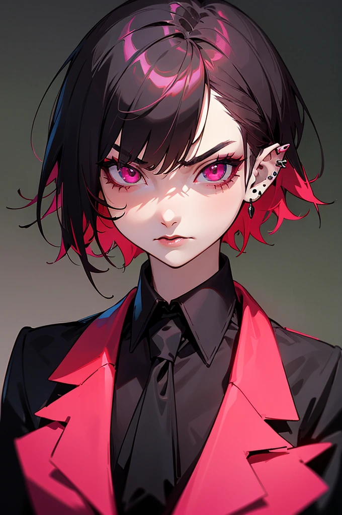 1 girl, portrait, goblin girl, green skin, red hair, short hair, bobcut, lip piercing, pink eyes, black shirt, black tie, black lipstick, black eye makeup, , angry, black background, hands behind back, office lady, buiseness suit, close-up